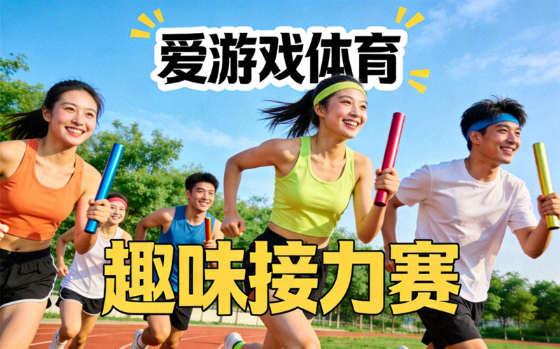 爱游戏体育趣味运动场景：一群年轻人在户外进行趣味接力赛，笑容灿烂，体现健康生活新潮流