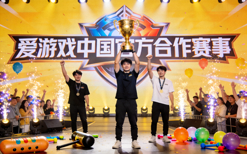 爱游戏中国官方合作赛事颁奖现场：选手高举奖杯，背景是巨大的赛事Logo和欢呼的观众，趣味运动道具散落周围