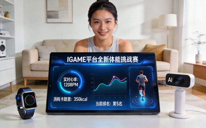 IGAME平台全新体能挑战赛界面：用户在家中通过智能设备参与AI体能挑战，屏幕显示实时数据和排名