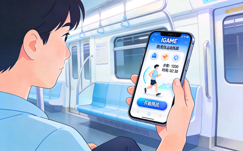 IGAME体育运动应用场景：一位用户在地铁通勤时通过手机进行微竞技运动挑战，界面简洁有趣