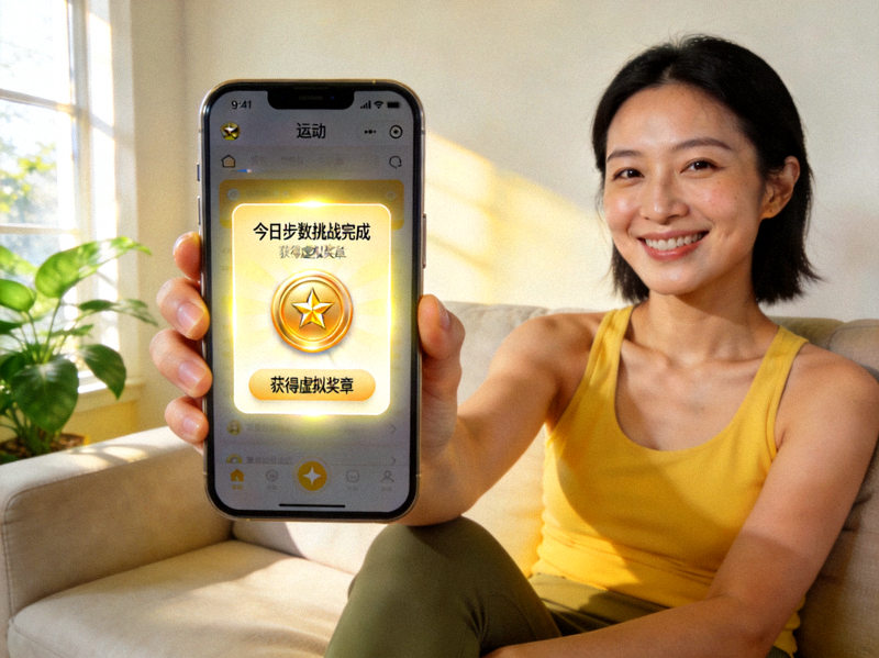 一位女性正在使用手机运动应用，屏幕上显示着完成的挑战和获得的虚拟奖章