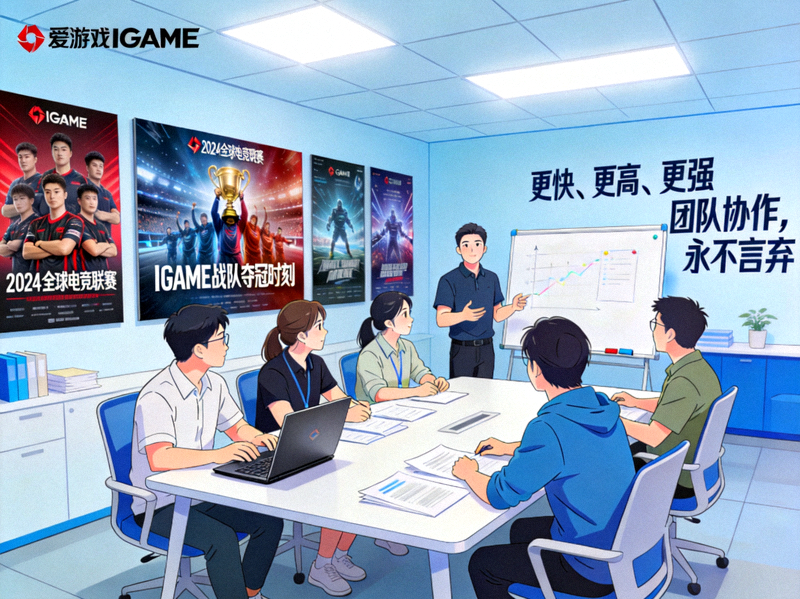爱游戏IGAME团队在现代化办公室中协作讨论，墙上展示着电竞赛事海报和体育精神标语