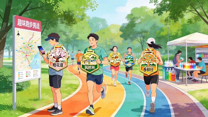 人们在公园进行趣味跑步挑战，收集不同路线徽章的场景