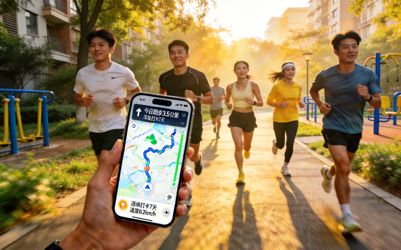 社区晨跑团使用趣味打卡APP记录跑步路线和成就的场景