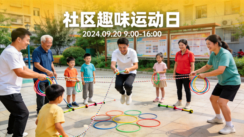 社区组织主题运动日活动，人们参与各种趣味运动的场景