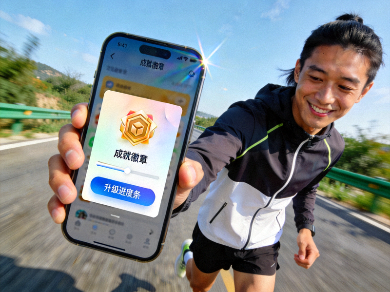 一位跑步者正看着手机屏幕上显示的成就徽章和升级进度条，面露微笑