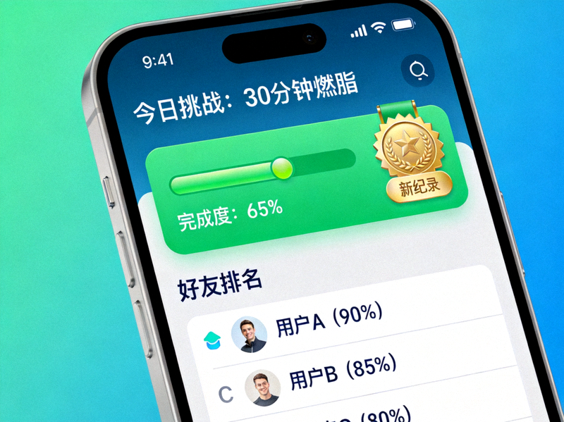 展示游戏化健身应用界面：屏幕上显示着挑战目标、进度条、成就徽章和好友排名