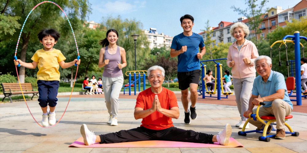 总结性图片：不同年龄、性别的人们在各种场景中享受趣味健身，脸上洋溢着快乐与满足的笑容