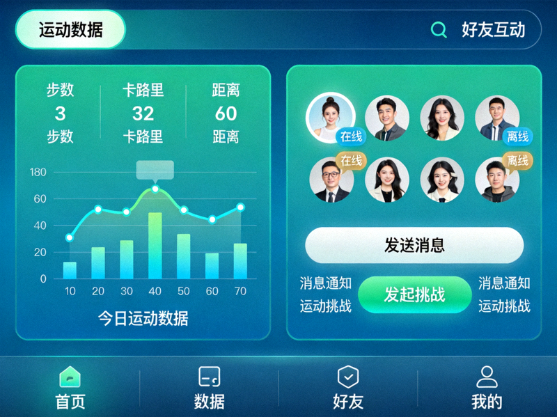 数字运动社交平台界面 - 展示运动数据分享和好友互动功能