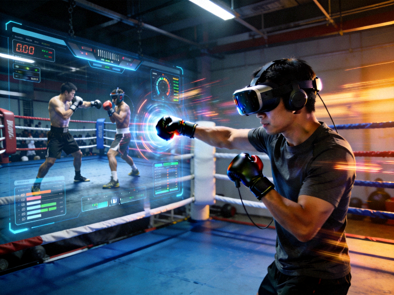 虚拟现实VR健身运动场景 - 用户佩戴VR设备在虚拟环境中进行拳击训练