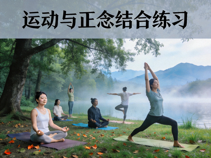 运动与正念结合练习 - 人们在宁静环境中进行身心平衡的运动