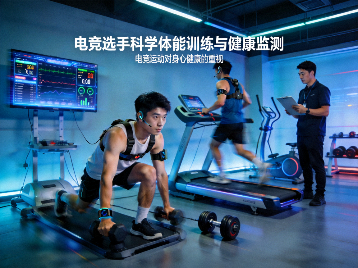 电竞选手在进行科学体能训练与健康监测 - 体现电竞运动对身心健康的重视