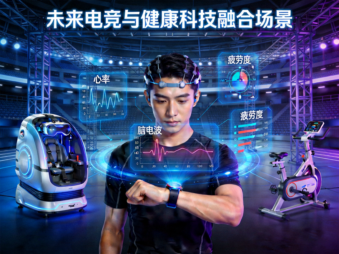 未来电竞与健康科技融合场景概念图 - 展现智能化健康监测与训练