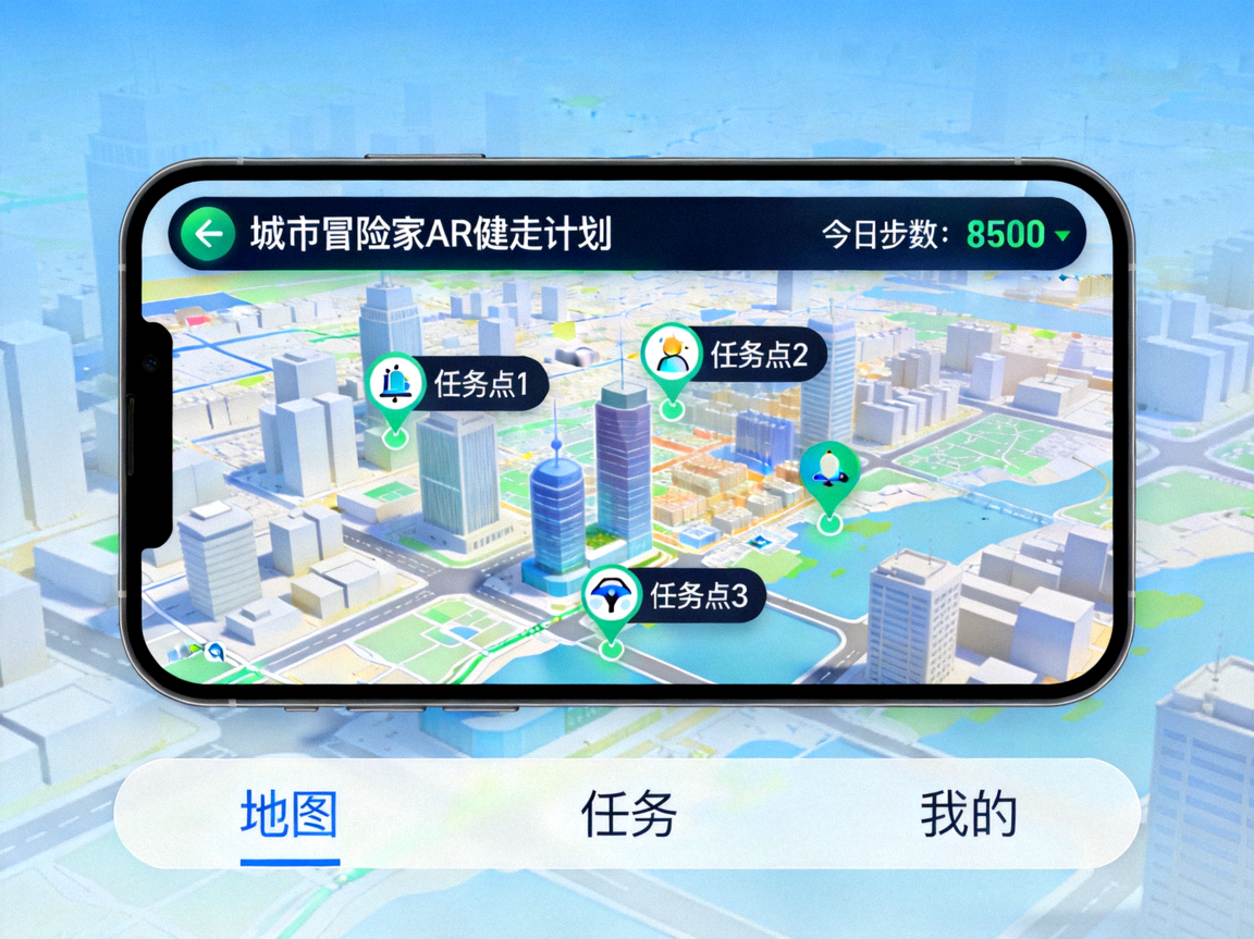 城市冒险家AR健走计划应用界面截图 - 展示地图与任务点