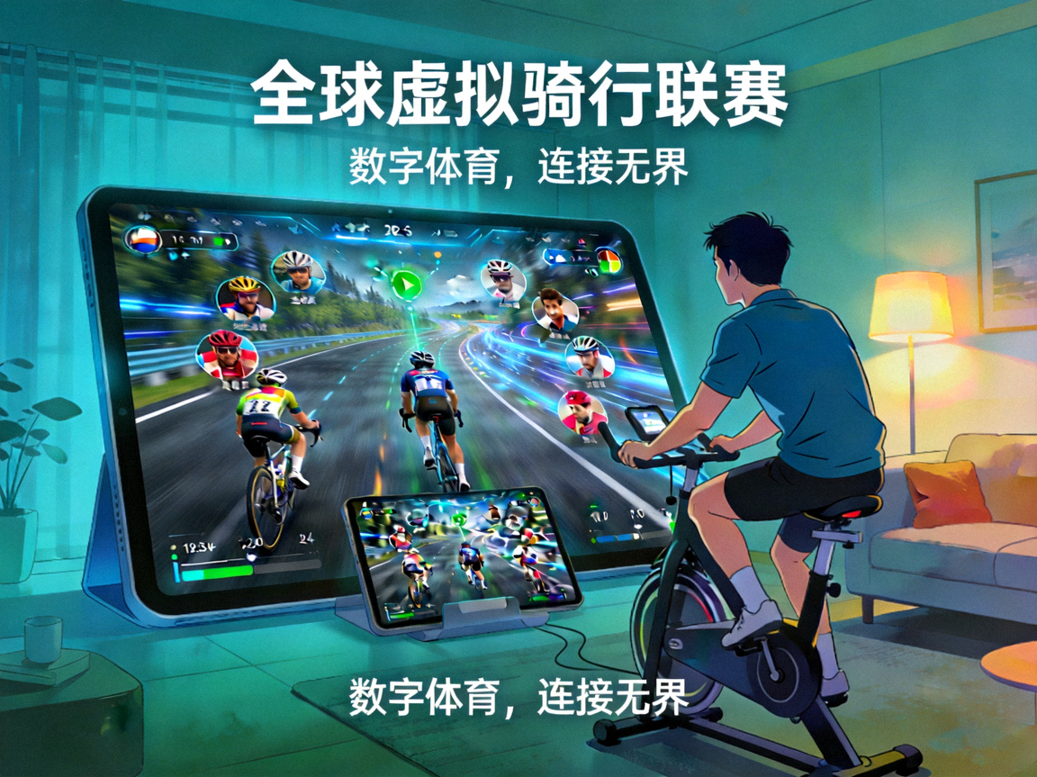 虚拟骑行赛事参与者在家中通过智能设备连接全球骑手 - 展示数字体育的包容性