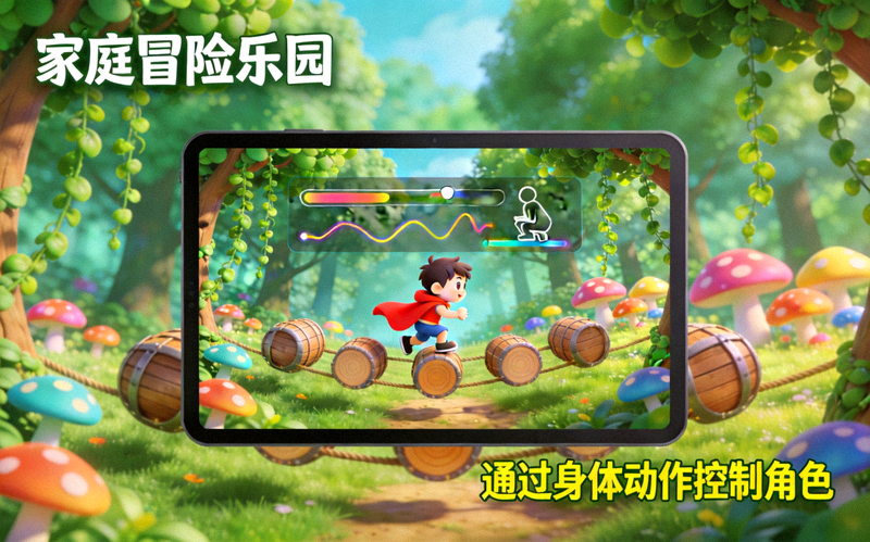 家庭冒险乐园游戏界面截图 - 玩家通过身体动作控制角色穿越障碍