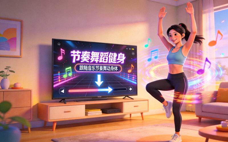 节奏舞蹈健身游戏画面 - 玩家跟随音乐节奏和屏幕提示舞动身体