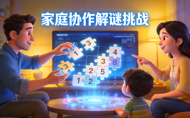 协作解谜挑战游戏场景 - 家庭成员需要通过配合完成虚拟拼图和解谜