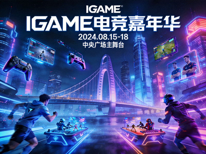IGAME电竞嘉年华概念图，融合城市地标与赛博运动元素