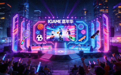 IGAME嘉年华主舞台全景，霓虹灯光与运动元素结合