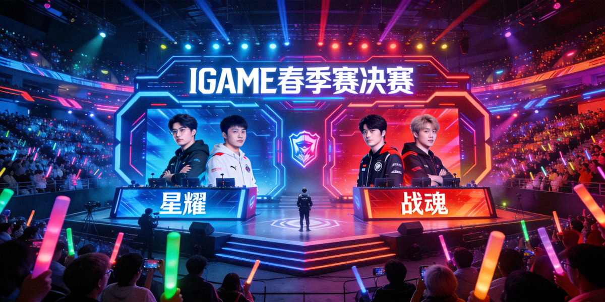 IGAME春季赛决赛现场，两支战队在赛博朋克风格舞台上激烈对决，观众席爆满，灯光璀璨