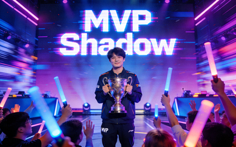 决赛MVP选手Shadow手捧奖杯，在赛博霓虹灯光下接受全场欢呼