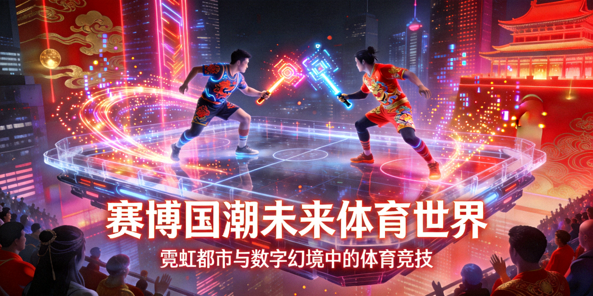 赛博国潮未来体育世界概念图 - 霓虹都市与数字幻境中的体育竞技