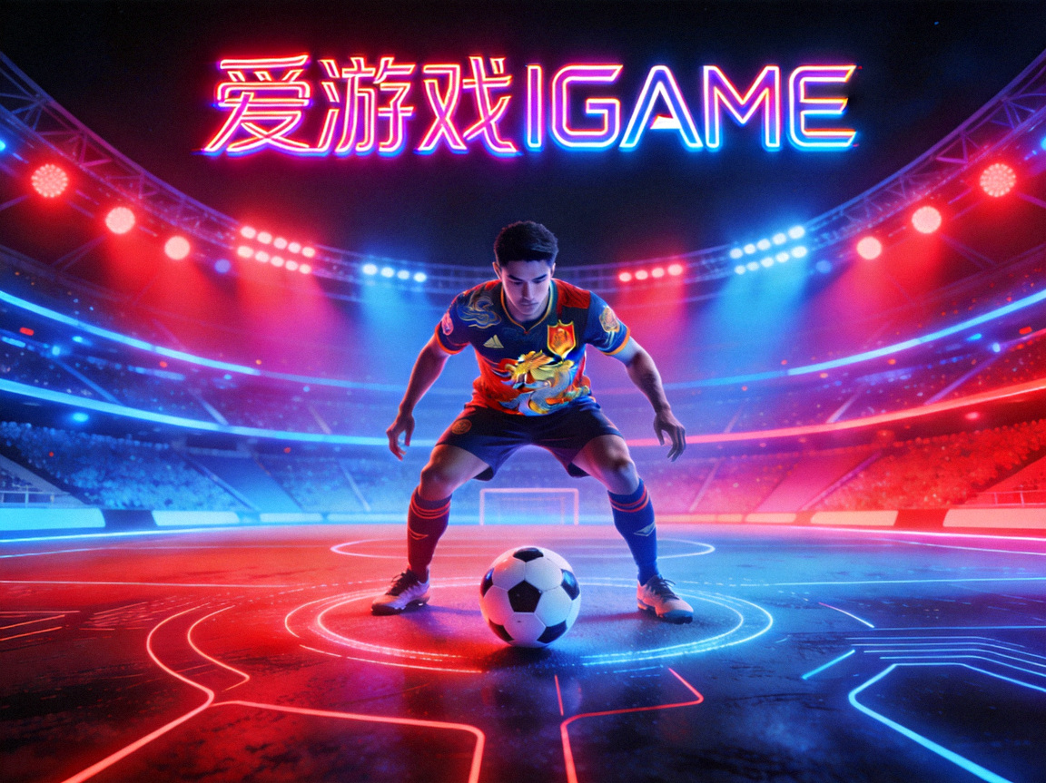 爱游戏IGAME赛博国潮风格界面：虚拟体育场中足球运动员准备射门，周围环绕霓虹灯光