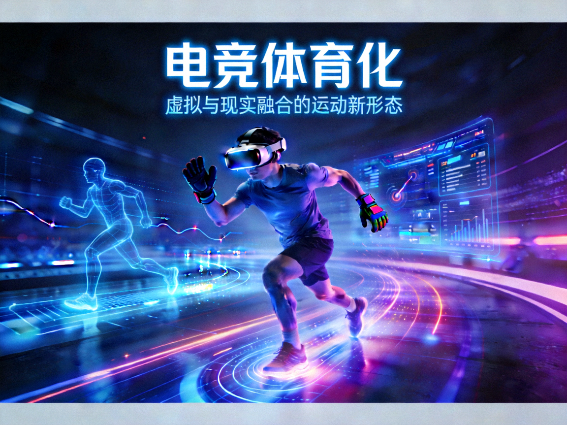 电竞体育化概念图：玩家在霓虹灯下使用体感设备进行虚拟与现实结合的运动