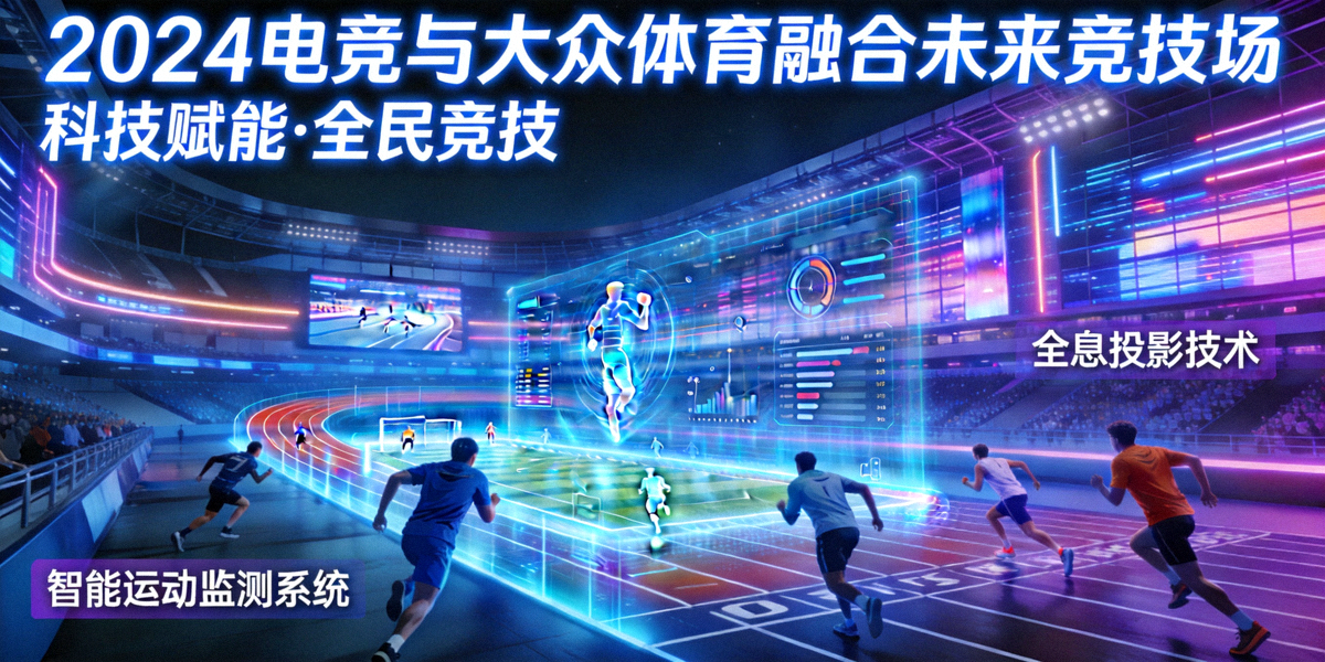 2024电竞产业与大众体育融合的未来竞技场概念图，展现赛博朋克风格的运动场馆与全息投影