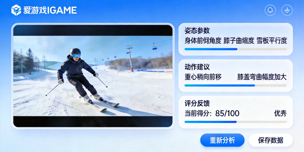 爱游戏IGAME平台AI动作教练界面，展示对用户滑雪姿态的实时分析与评分反馈