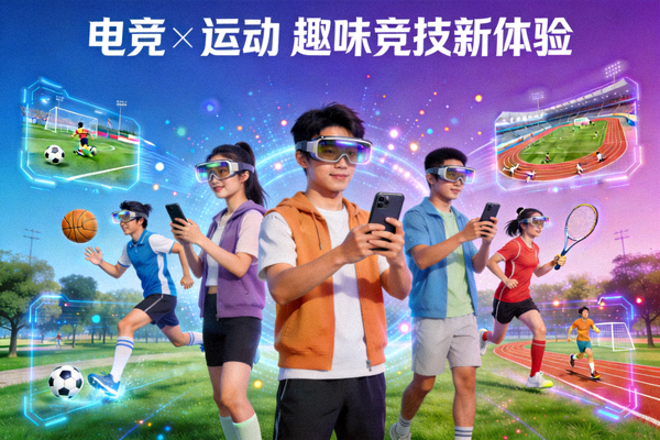 电竞产业与日常运动结合概念图，年轻人通过手机和AR设备参与趣味体育竞技