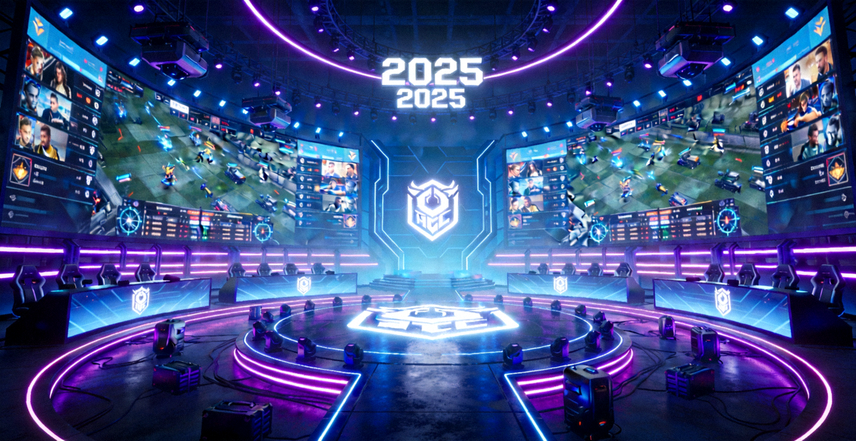 2025年电子竞技赛事现场全景，赛博朋克风格舞台与环绕式巨幕