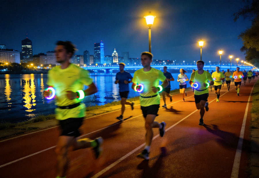 城市夜跑活动参与者沿着江边跑道奔跑的夜景照片