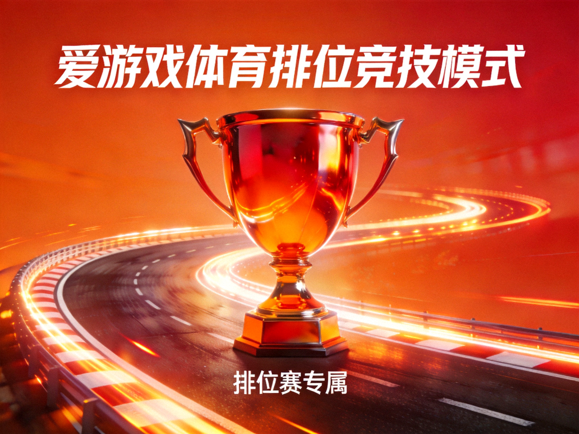 爱游戏体育排位竞技模式卡面，橙红色奖杯与赛道光影