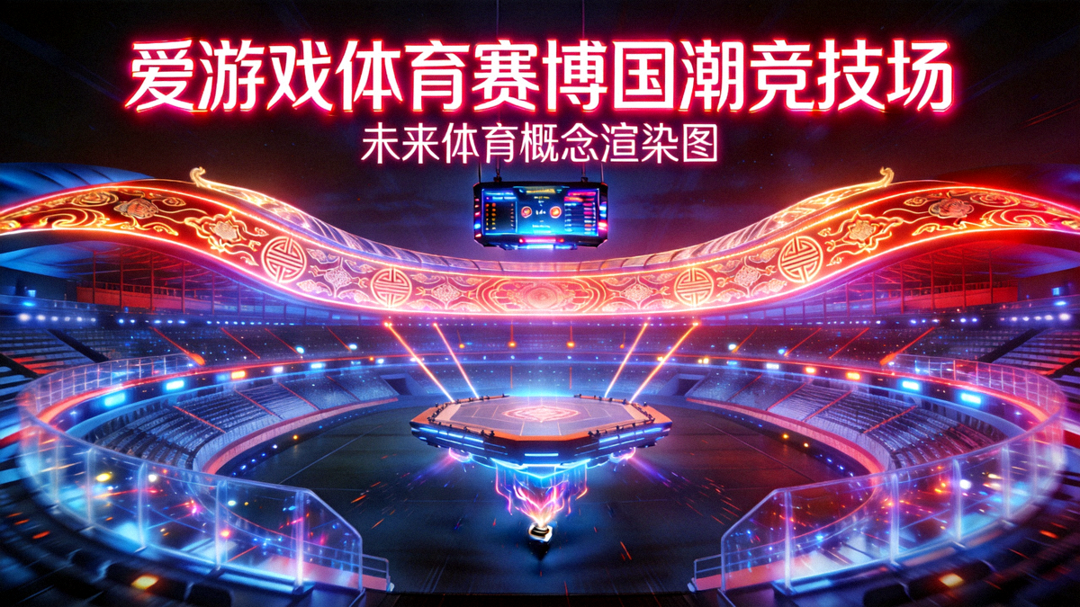 爱游戏体育赛博国潮竞技场全景 - 霓虹灯光下的未来体育场馆概念渲染图