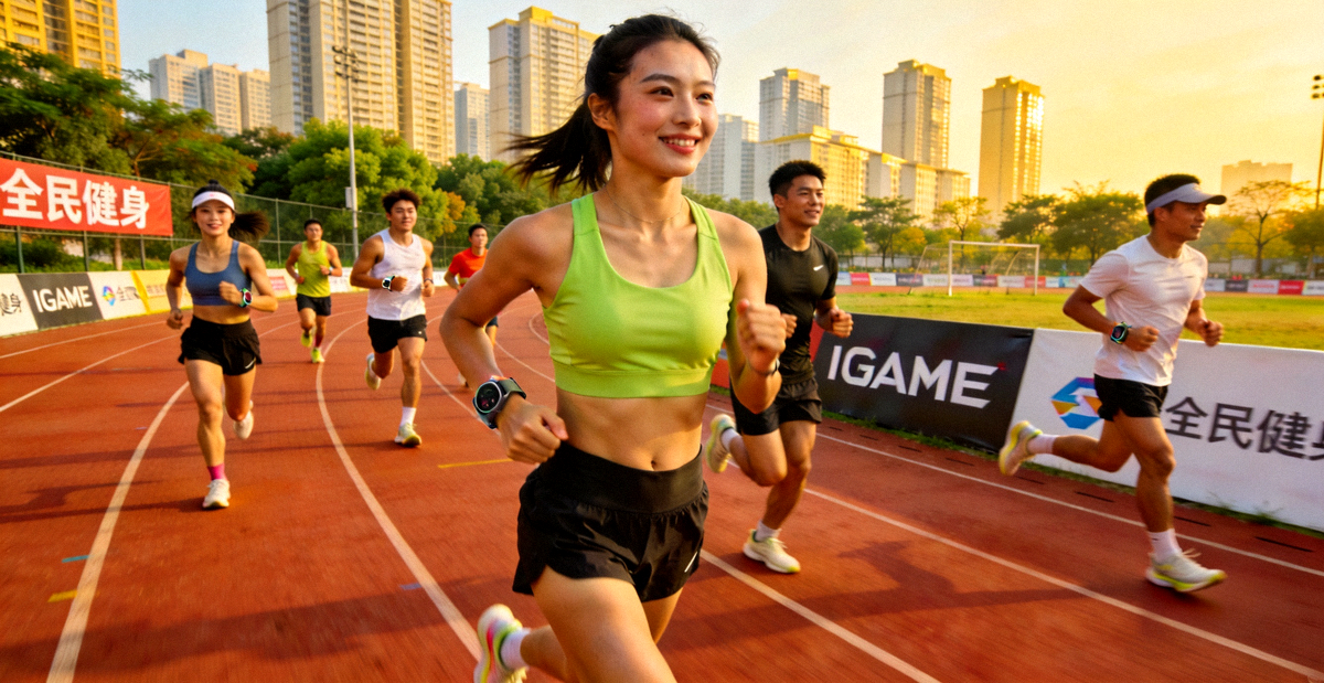 IGAME体育运动参与者在城市跑道上奔跑，展现全民健身新热潮的运动场景