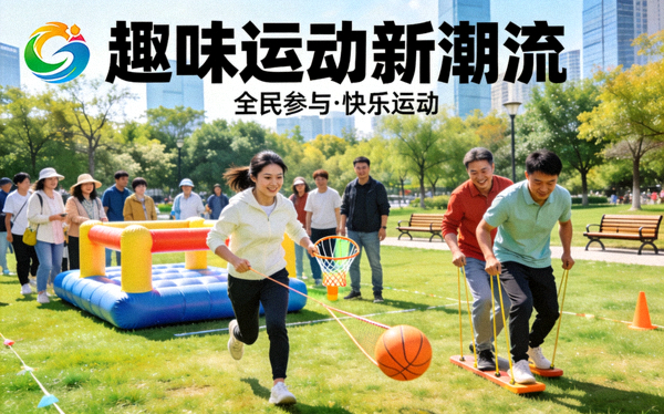 城市公园中举行趣味运动新潮流主题活动的场景
