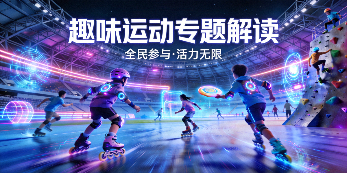 趣味运动专题解读主图：赛博风格体育馆内的全民运动场景