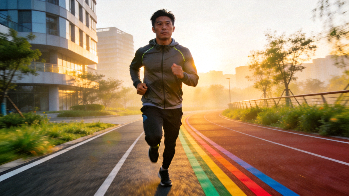 清晨城市跑道上正在奔跑的运动者，象征运动趣闻带来的活力生活