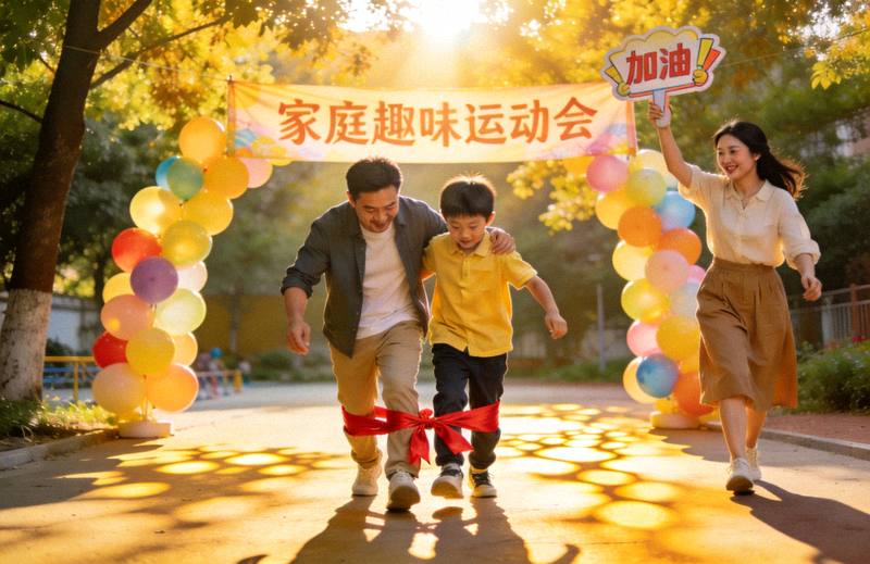 家庭趣味运动会现场，家长与孩子合作完成亲子运动项目