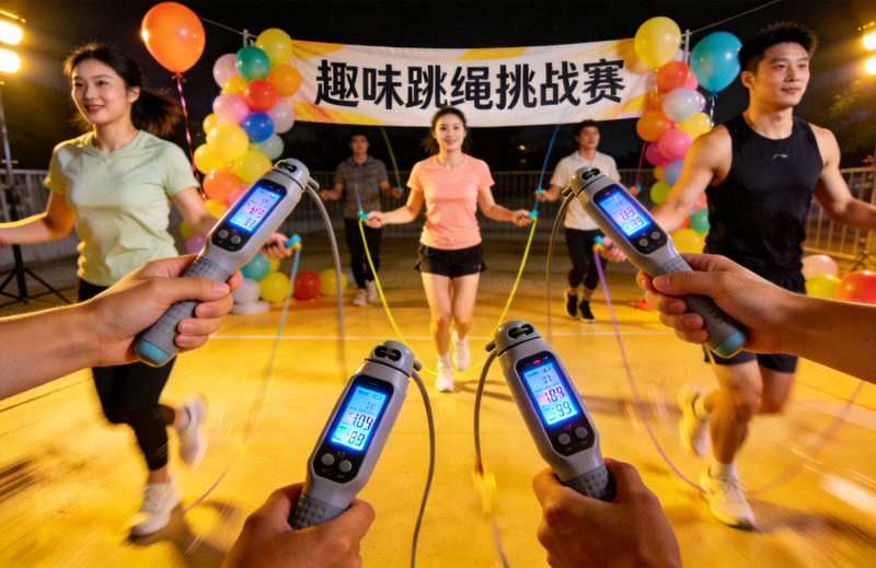 趣味跳绳挑战赛现场，参赛者使用智能跳绳设备进行比赛