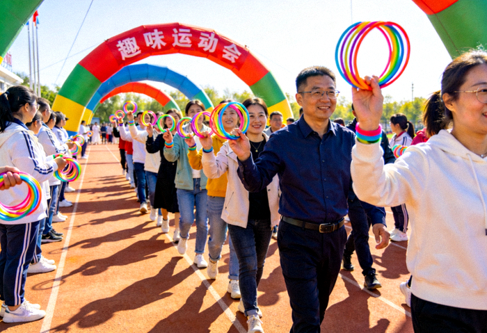 趣味运动会开幕现场，参与者排队入场并挥舞彩色手环
