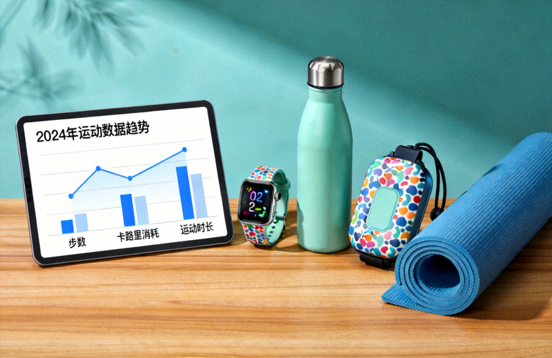 运动数据趋势图表与趣味运动装备摆放在一起的场景