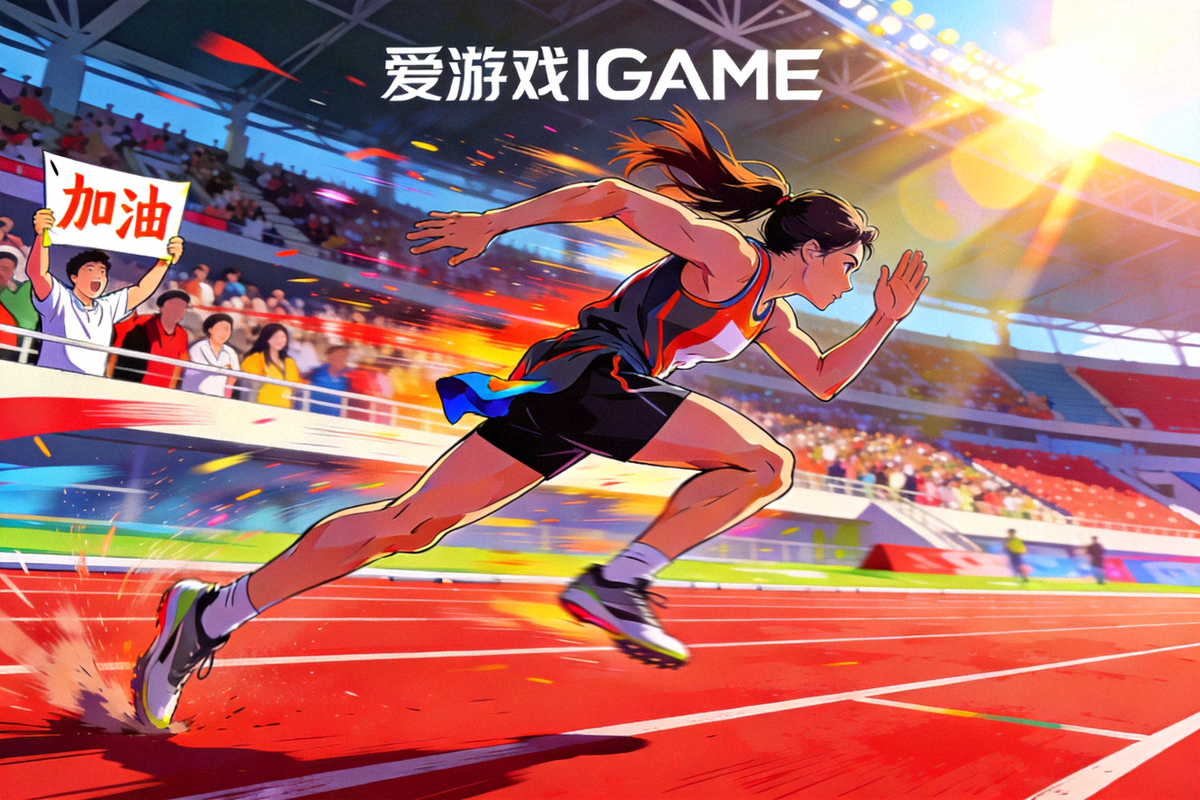 运动员在跑道上全力冲刺，展现爱游戏IGAME趣味体育动态的活力场景