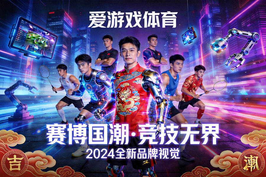 爱游戏体育品牌介绍配图，展示赛博国潮风格体育竞技世界