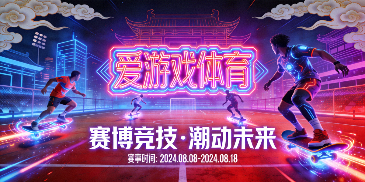 爱游戏体育赛博国潮风格游戏主视觉横幅，展示霓虹都市球场与未来体育竞技场景
