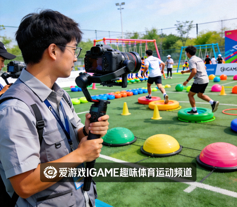 爱游戏IGAME趣味体育运动频道团队在户外运动场地记录趣味活动画面