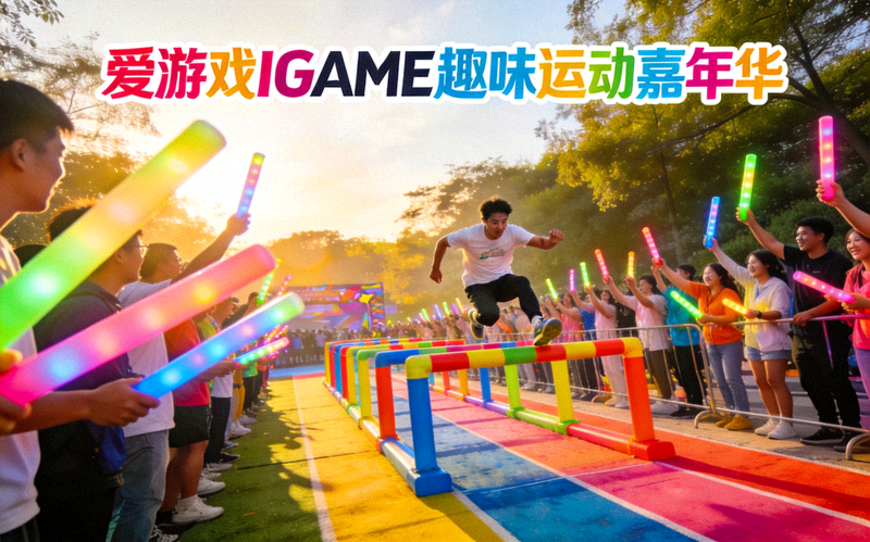 爱游戏IGAME趣味运动嘉年华现场，人群在彩色障碍赛道旁欢呼加油