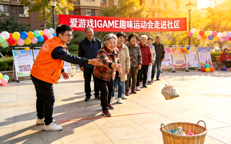 爱游戏IGAME趣味运动会走进社区活动现场，居民排队参与趣味投掷项目